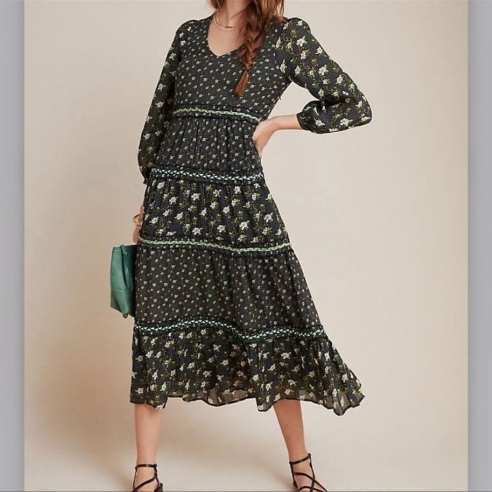 Anthropologie Black floral Tiered Maxi dress in size 10 New with tags